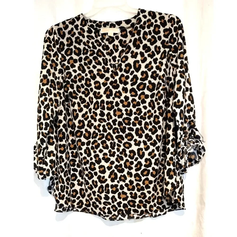 Michael Kors 1X Animal Leopard Print Top Blouse  3/4 Tie Sleeve Boho Chiffon EUC